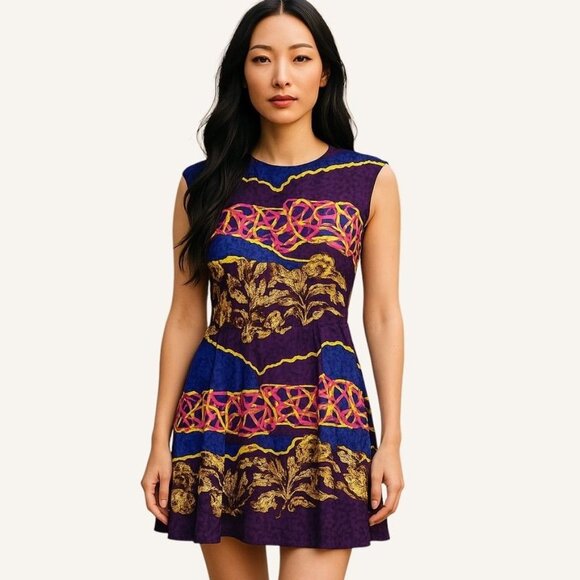 Peter Pilotto Sleeveless Dress 10 Silk Purple Gold Pink Abstract Designer Jewel - Picture 1 of 9